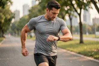 Coureur masculin consultant sa montre GPS pour vérifier son allure en minutes par kilomètre lors d'un entraînement en plein air