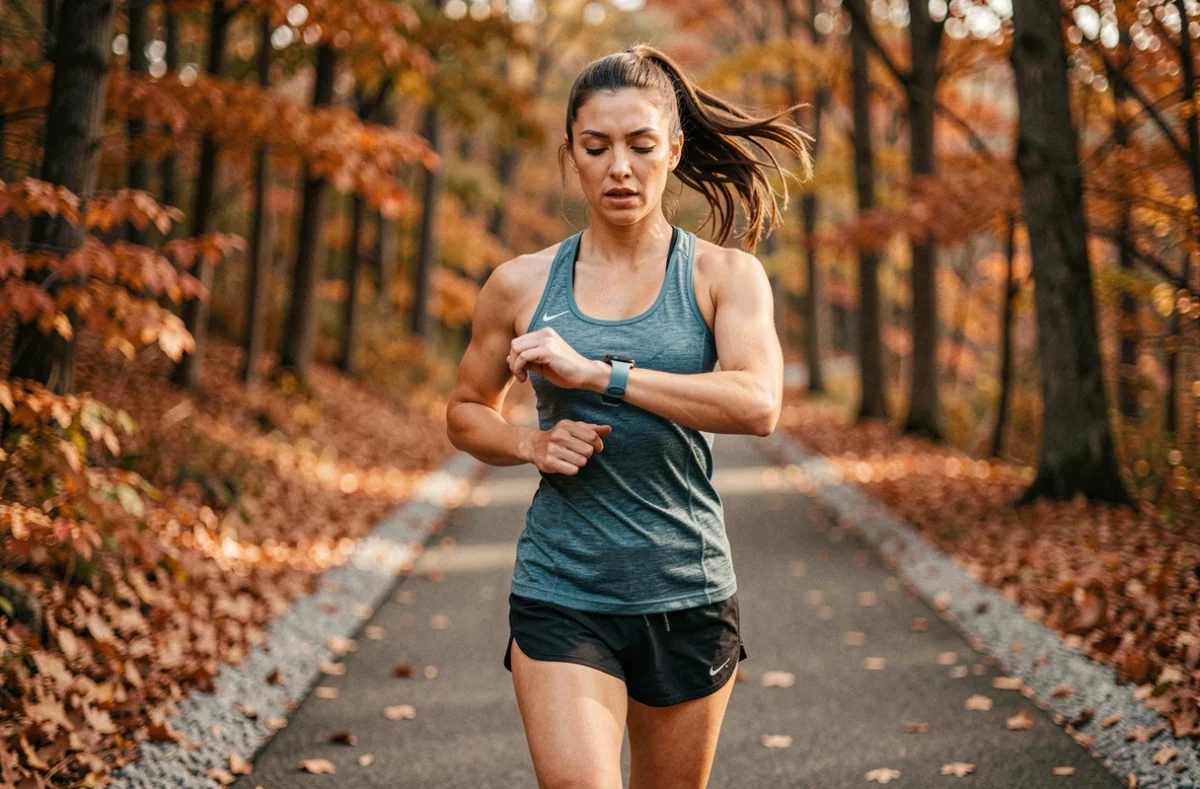 Coureuse surveillant son allure marathon sur montre GPS dans un parc aux couleurs d'automne