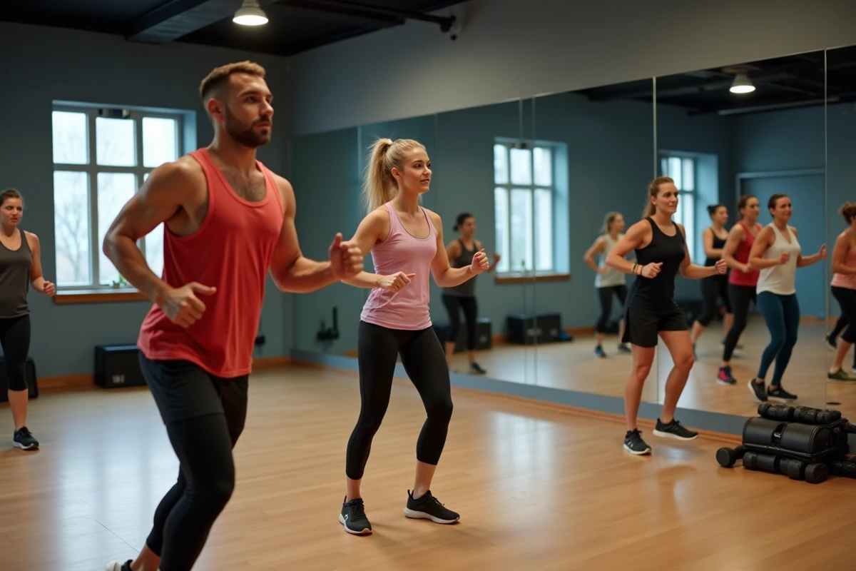 Cours collectif de fitness inclus dans l'abonnement premium Basic Fit avec participants actifs dans un grand studio équipé