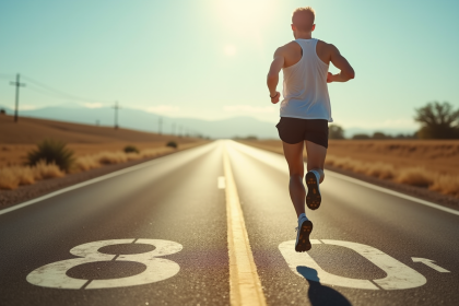 Coureur en plein jour sur une route ensoleillee avec marqueurs kilometriques