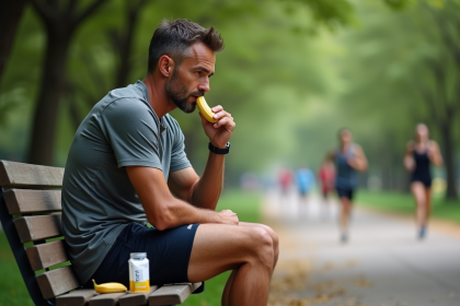 Homme en course prenant une pause avec banane dans un parc urbain
