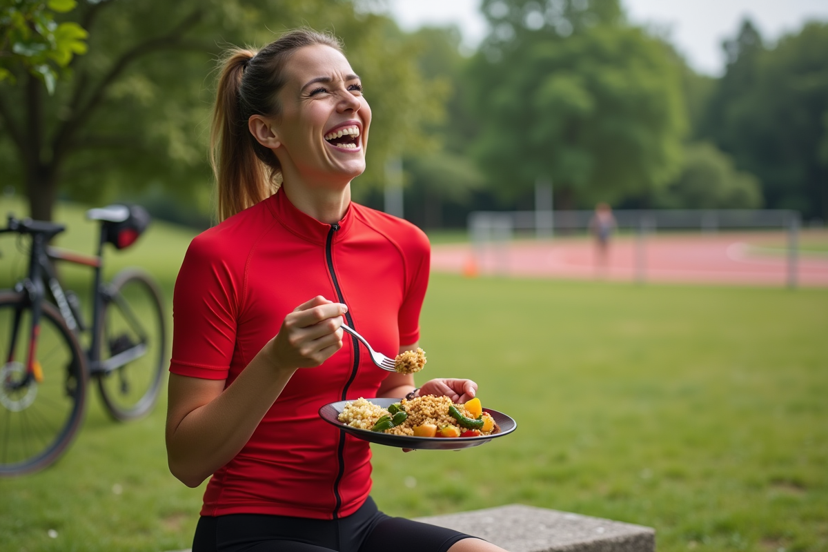 Femme cycliste riant avec repas sain en plein air dans un parc