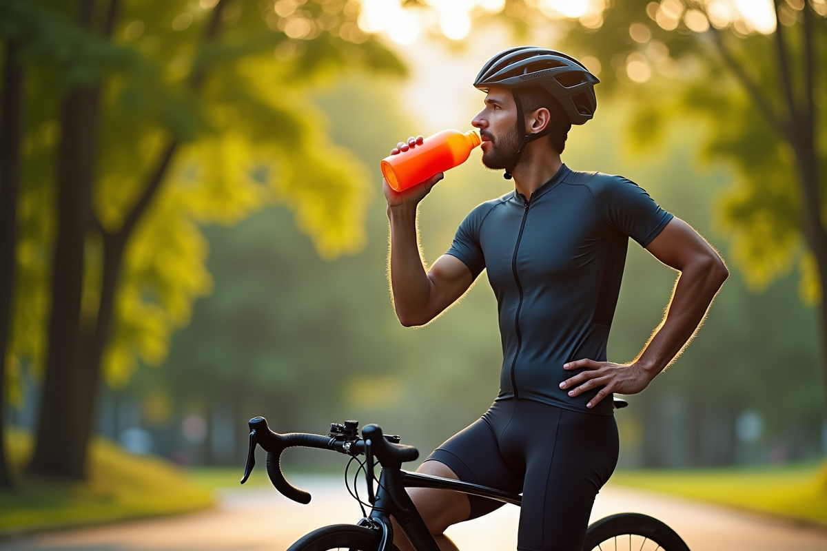 cycliste homme se reposant buvant une boisson sportive dans un parc