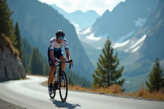 Cycliste professionnel Torstein Træen en plein effort dans une montée alpine escarpée lors d'une course par étapes