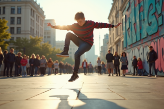 Jeune danseur breakdance en pleine rotation en ville