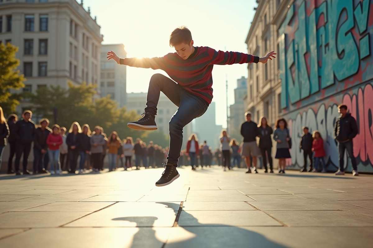 Jeune danseur breakdance en pleine rotation en ville
