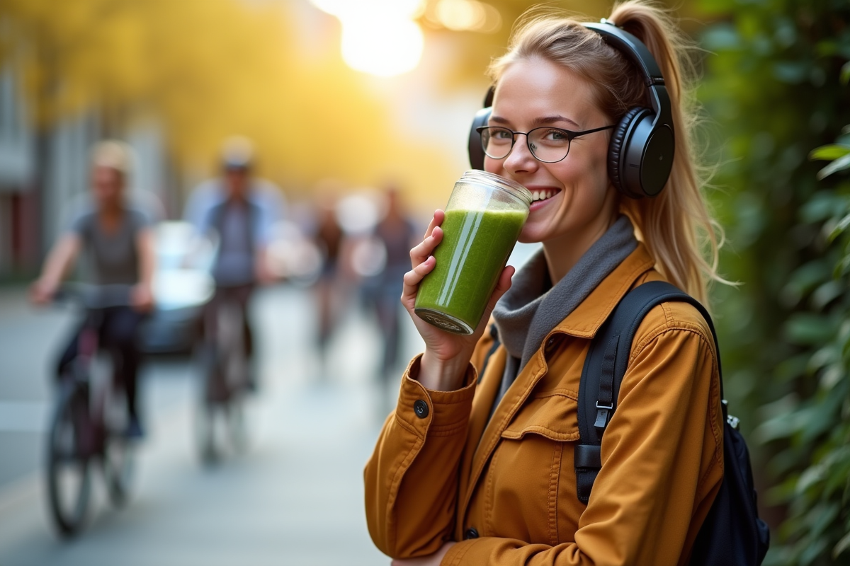 Personne en ville buvant un smoothie vert en marchant
