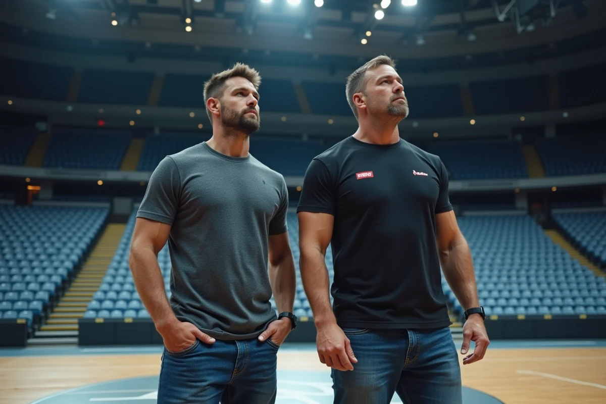 Deux hommes athletique en arene de lutte en contemplation