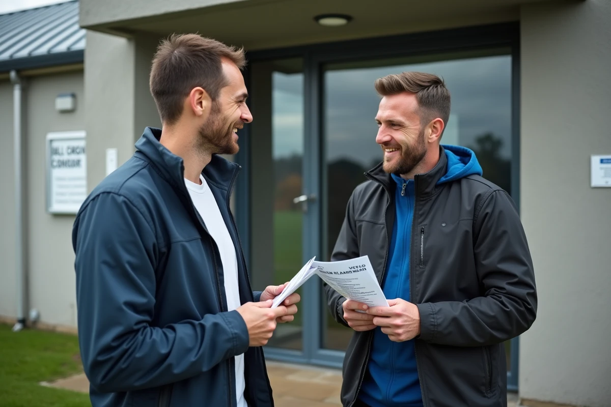 Deux dirigeants de club de football consultant des infos pratiques devant un local sportif en Essonne