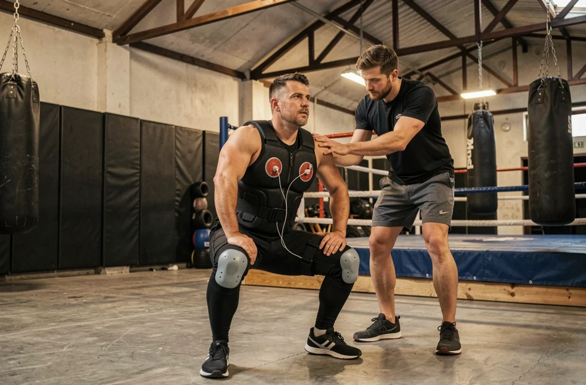 Un homme portant une combinaison d'électrostimulation lors d'une séance guidée chez Electrofit & Fight à Saint-Pierre-de-Chandieu
