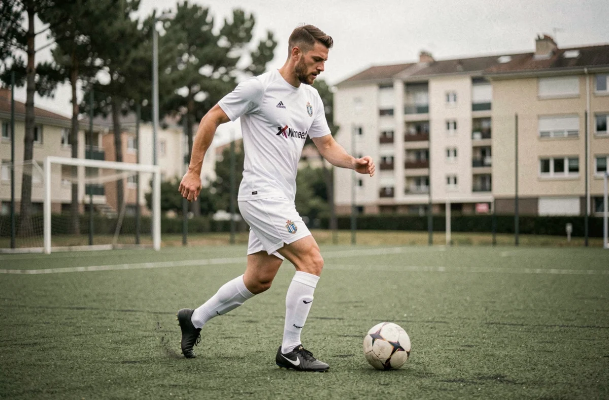 Joueur de football adulte dribblant un ballon sur un terrain synthétique lors d'une session d'entraînement au club d'Aubagne
