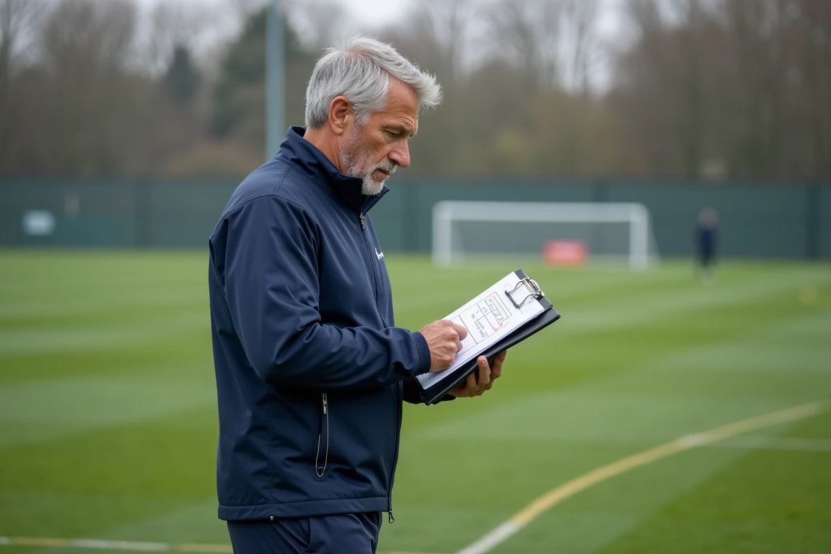 Entraîneur d'un club à petit budget de Ligue 1 analysant une tactique lors d'un entraînement