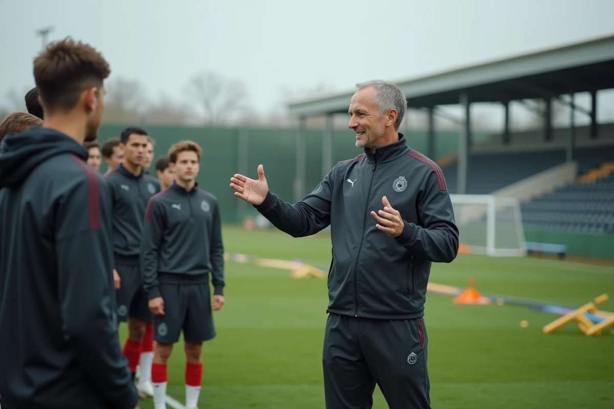 Entraîneur de football expliquant des gestes techniques à ses joueurs lors d'un entraînement, en référence à la philosophie de jeu de Dennis Bergkamp