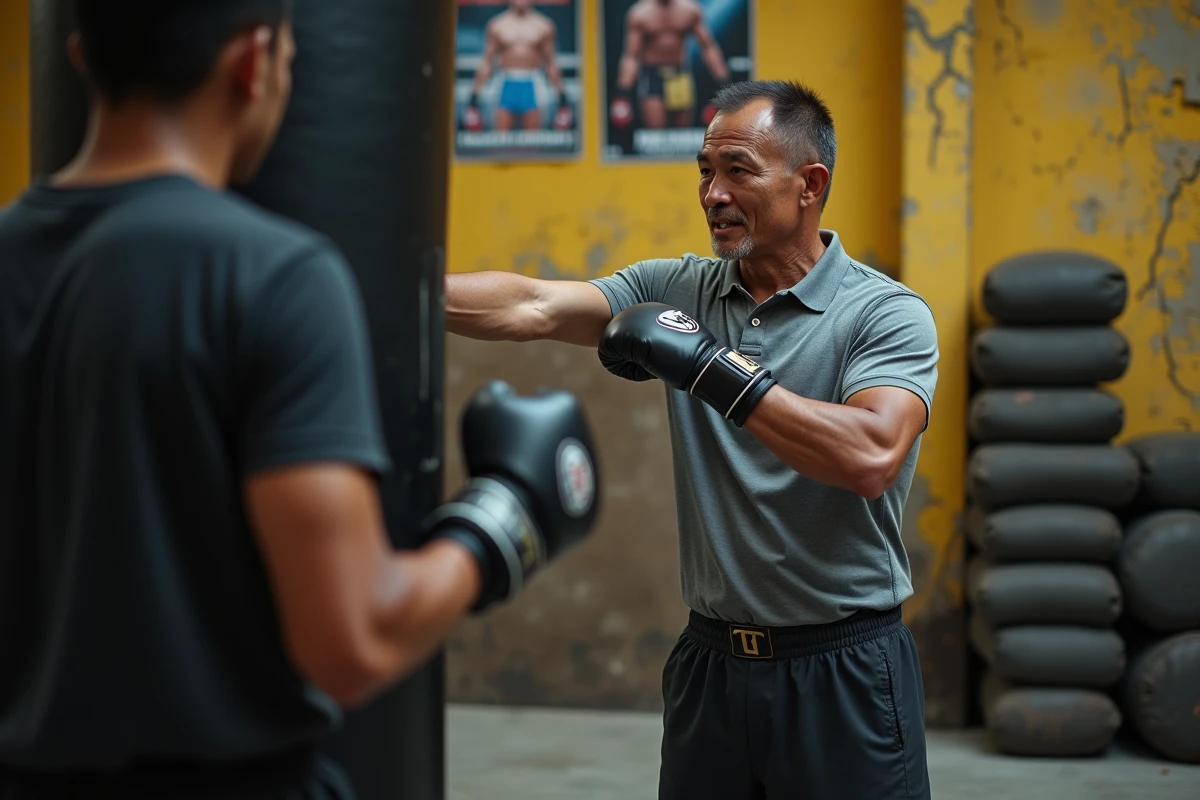 Entraîneur de Muay Thai corrigeant la technique d'un combattant devant un sac de frappe dans une salle de boxe thaïlandaise authentique