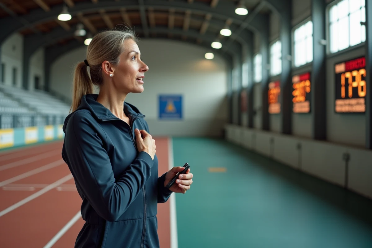 Entraîneuse d'athlétisme regardant un chronomètre affichant un record du monde du 100 mètres féminin