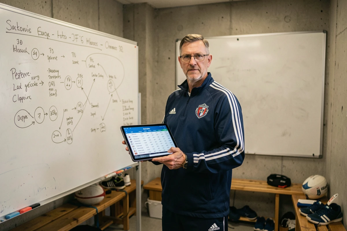 Entraîneur de rugby consultant le classement Fédérale 1 Poule 3 sur tablette dans un vestiaire