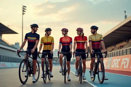Groupe de cyclistes en velodrome partageant un moment d'équipe