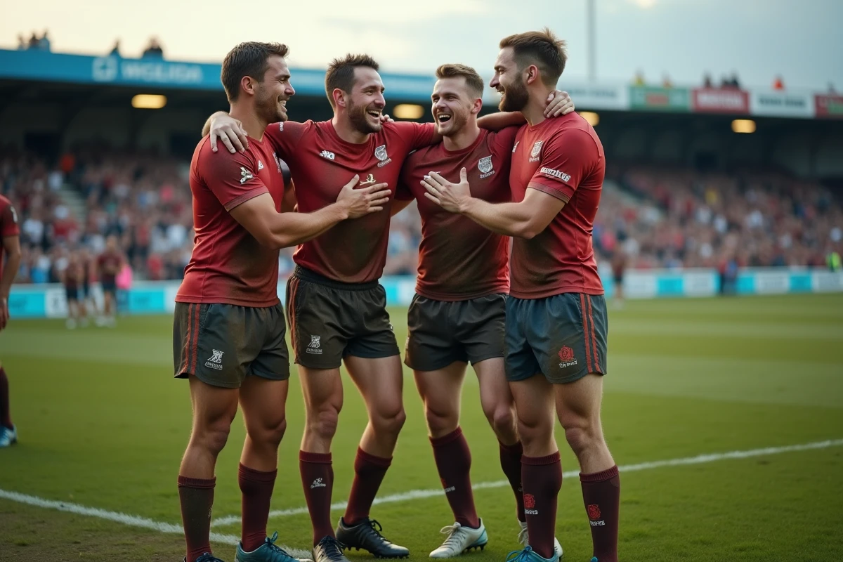 Joueurs de rugby en célébration après match sur le terrain