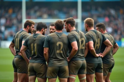 Groupe de joueurs de rugby en pleine action sur le terrain