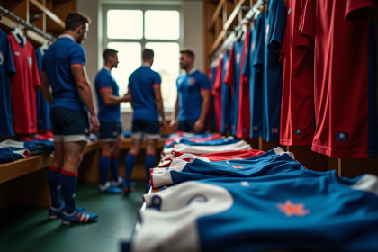 Groupe de joueurs de rugby à sept français discutant dans le vestiaire