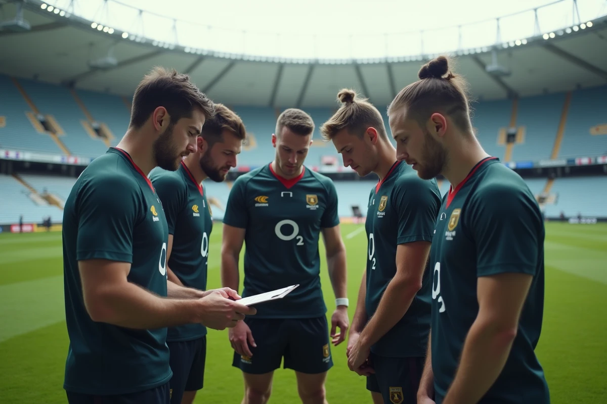 Équipe de rugby U20 en huddle tactique sur le bord du terrain lors d'un tournoi international 2026