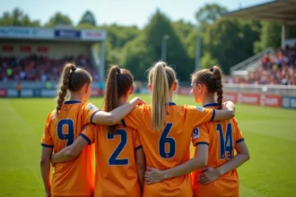 Jeunes filles de football célébrant leur victoire sur le terrain