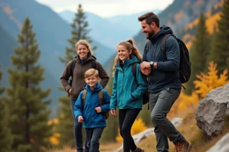 Famille en randonnée en montagne consultant une montre GPS sur un sentier alpin en automne