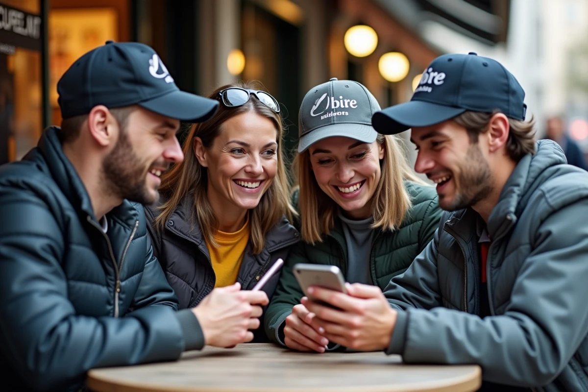 Groupe de fans de cyclisme réunis en terrasse de café consultant les nouvelles du mercato 2026 sur leurs appareils connectés