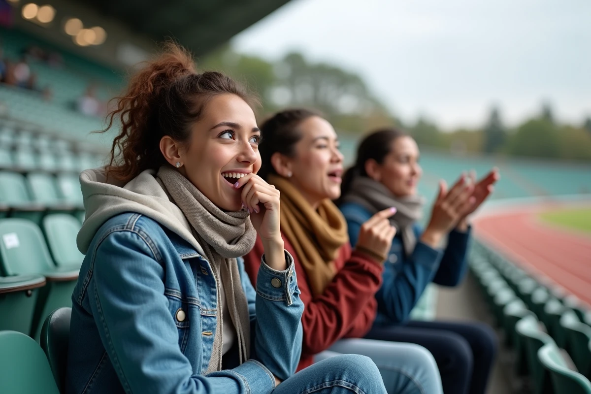 Fans d'athlétisme réagissant avec enthousiasme à un record du monde du 100 mètres féminin dans un stade