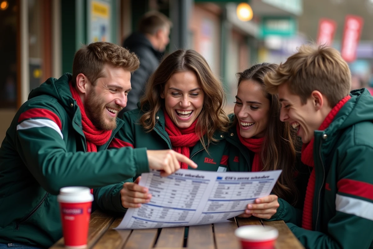 Fans de rugby discutant dans un café en dehors du stade