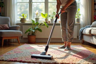 Femme à la maison aspirant un tapis en laine coloré