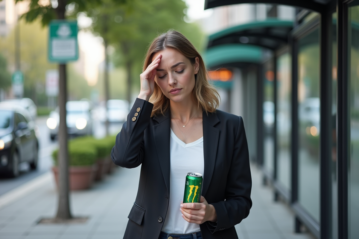 Femme dans une station de bus avec canette vide d