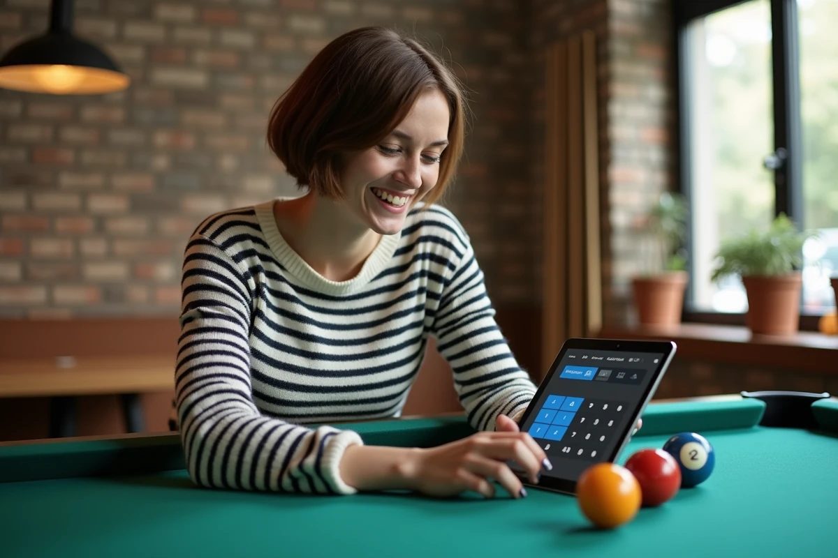 Jeune femme utilisant une calculatrice numérique au billard dans un café lumineux
