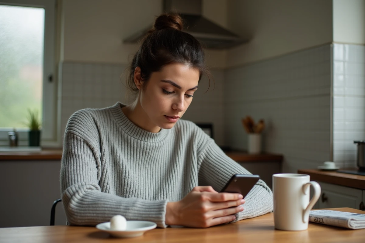 Femme consultant le PDF de la Compétition DZ sur smartphone à la table de cuisine