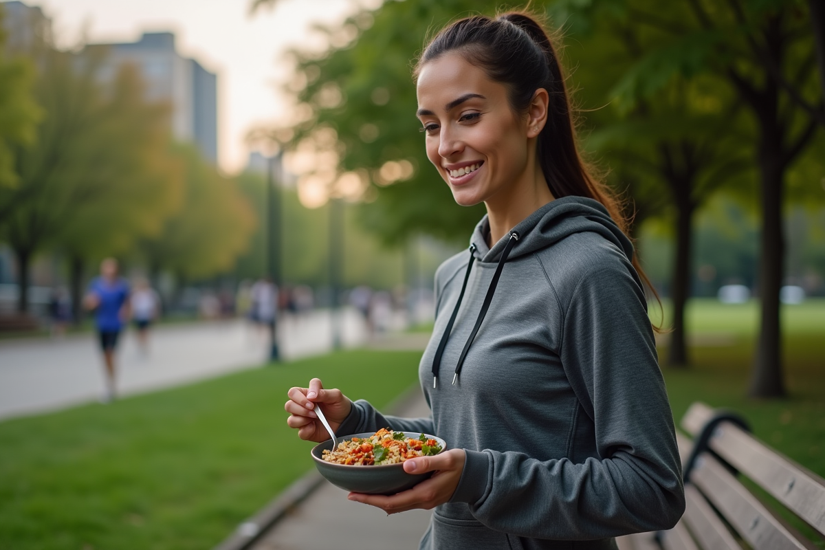 Femme coureuse mangeant des légumes dans un parc urbain