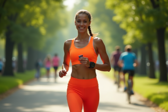 Jeune femme en course dans un parc urbain avec gel énergétique