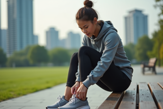 Jeune femme sportive en ville en train de lacer ses chaussures