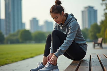 Jeune femme sportive en ville en train de lacer ses chaussures