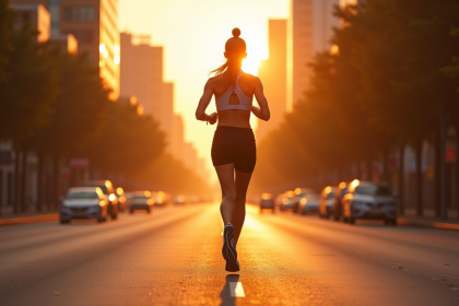 Femme en jogging sur une rue de ville au lever du soleil