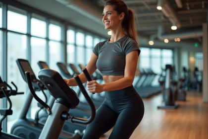 Femme en leggings utilisant un elliptique en salle de sport
