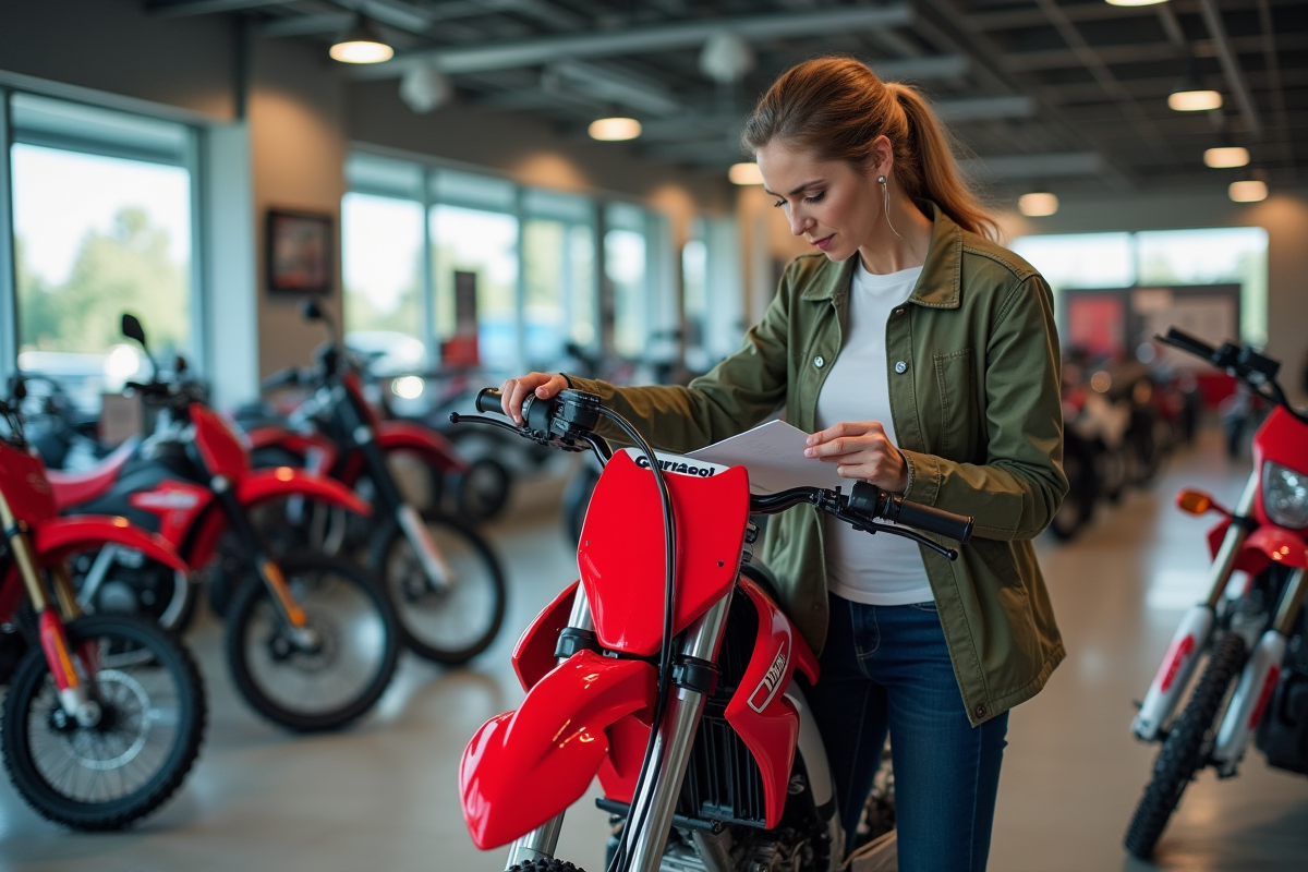 Femme examine une moto motocross rouge dans un showroom moderne