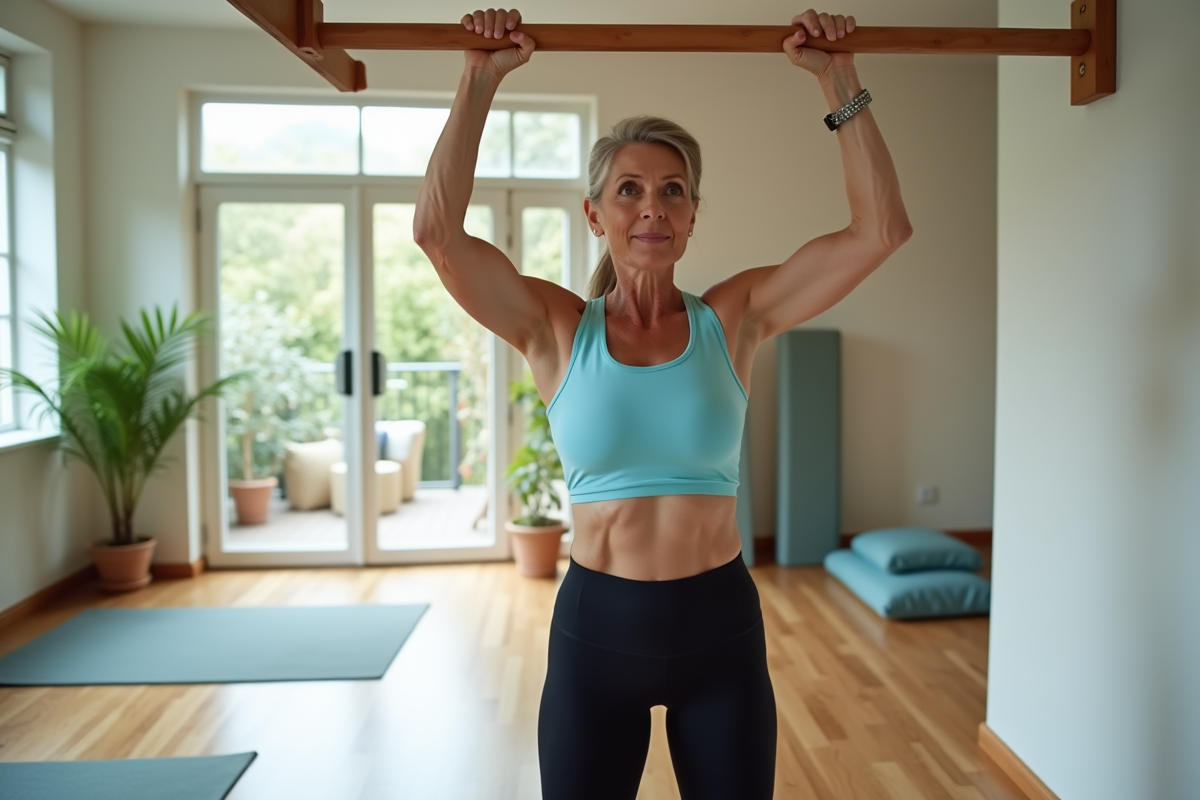 Femme active de 60 ans préparant un pull-up en salle