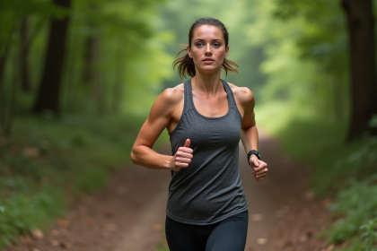 Femme courant en forêt avec tenue technique sportive