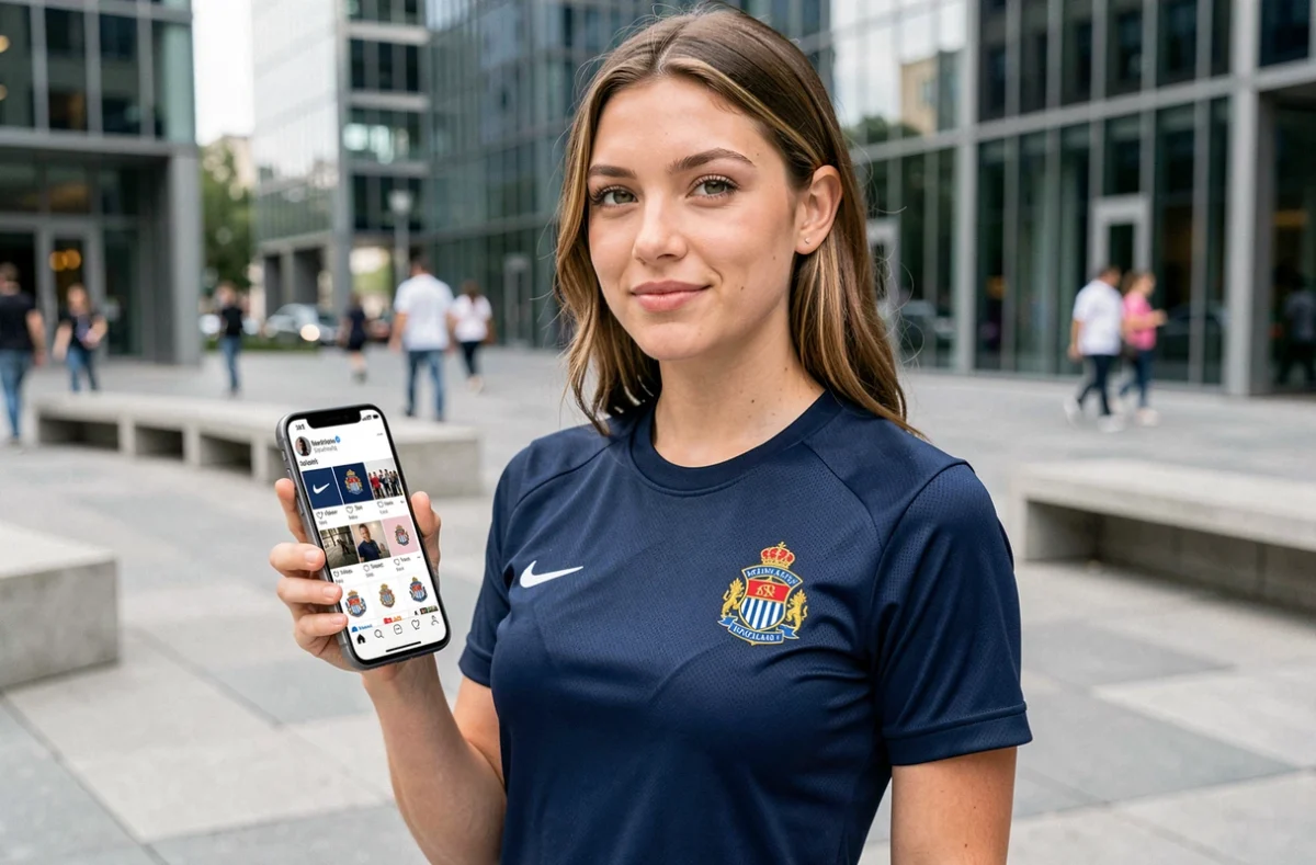 Jeune femme portant un maillot de football avec logo brodé et consultant des adaptations de logo FC sur les réseaux sociaux depuis son smartphone