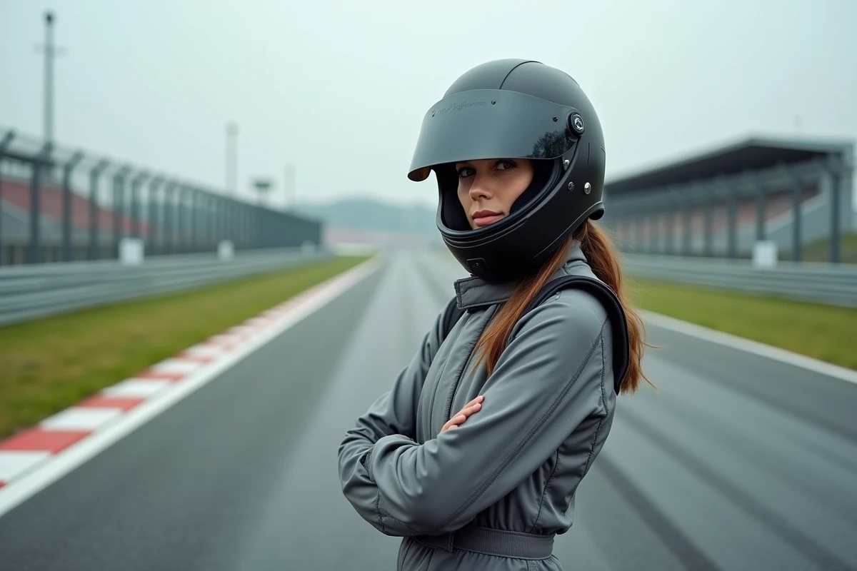 Femme pilote en tenue de course au bord d'un circuit automobile prête à prendre le départ de sa première course en compétition