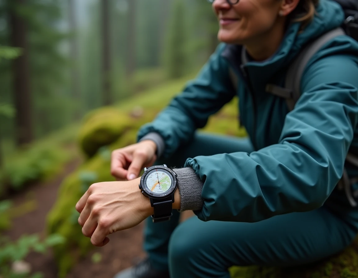 Femme randonneuse consultant l'écran cartographique de sa montre GPS en forêt