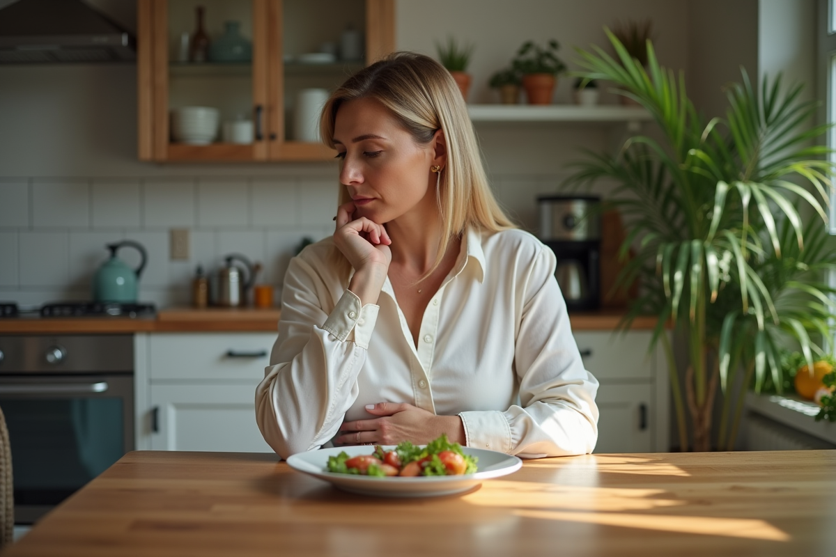 Femme pensant à son repas sans gluten dans la cuisine