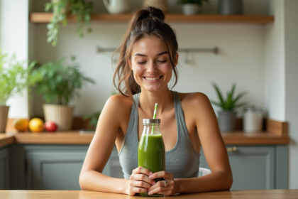 Jeune femme avec boisson energie maison dans une cuisine lumineuse