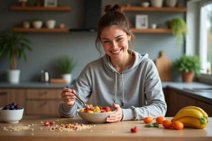 Jeune femme préparant un bol de fruits frais dans la cuisine