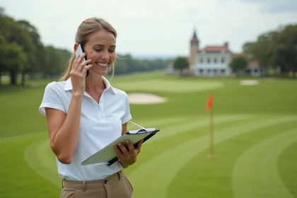 Femme souriante en golf en pleine préparation